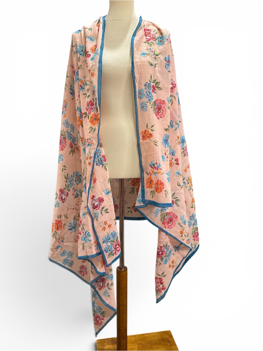 Floral Pink Lightweight Scarf with Blue Trim #456
